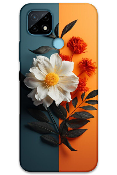MRCİLETİSİM غطاء خلفي لهاتف Realme C21 بنمط HD مطبوع - زهرة بيضاء برتقالية
