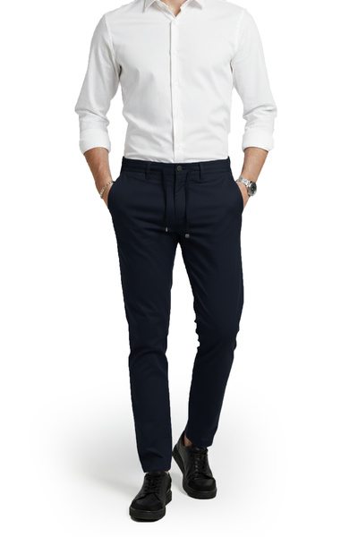 DeepSEA Navy Blue Stretch Fabric Slim Fit Casual Sports Trousers with Elastic Waist 2601070