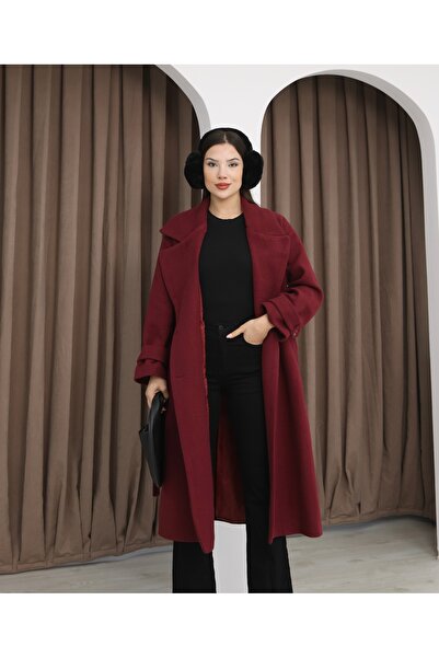 Leo Ferre Women's Burgundy Cashmere Double-Breasted Collar Long Coat.1173