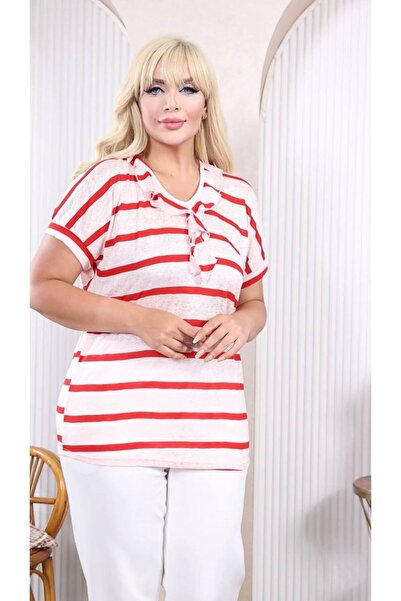 garajmood Striped Shawl Collar Plus Size Blouse