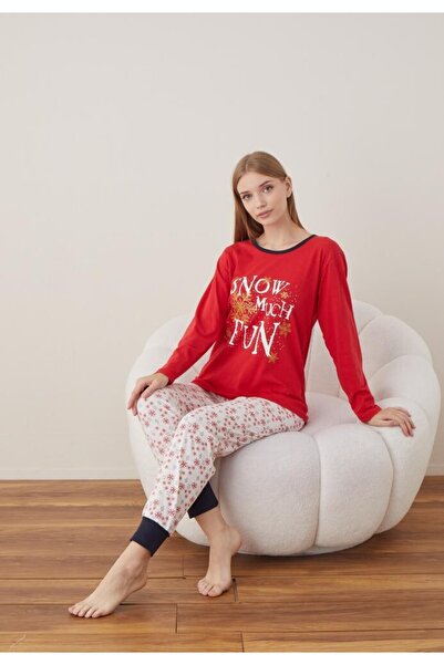 TOSKI Women's Christmas Pajamas Long Sleeve Long Pants, Red, SNOW MUCH FUN