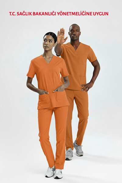 uçak iş giyim TURUNCU KLİNİK DESTEK İŞÇİ FORMASI LİKRALI SCRUBS TAKIM (ORANGE...