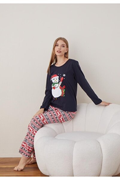 TOSKI Women's Christmas Pajamas Long Sleeve Long Pants, Navy Blue, Snowman