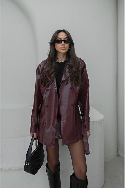 Havoş Burgundy Coated Buttoned Jacket Skirt Leather Suit