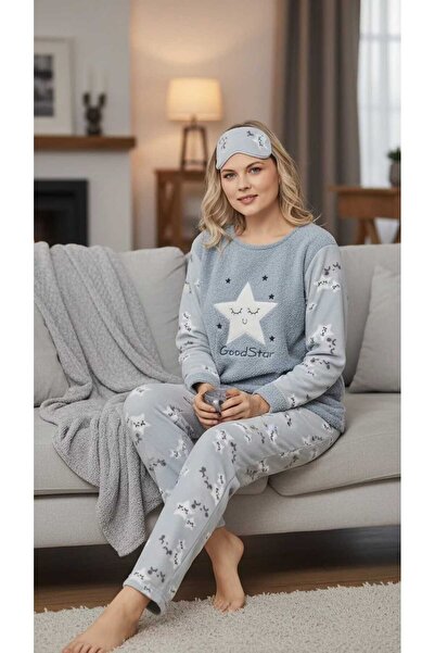 alpotekno Women's Blue Fleece Pajama Set with Eye Patch – Soft, Warm and Comfortable Sleep Set