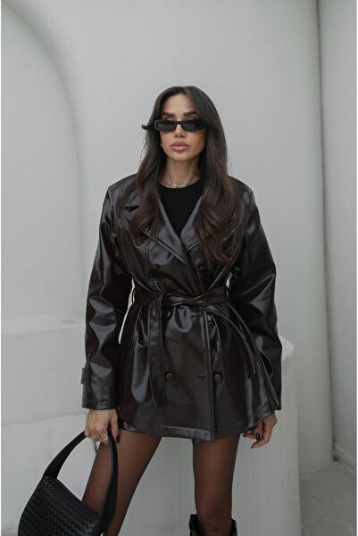 Havoş Bitter Brown Coated Buttoned Jacket Skirt Leather Suit