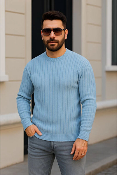 buğrahayalin Men's Cycling Round Neck Knitwear Sweater Cotton Thick Corded Fabric Woven, Regular Fit Long