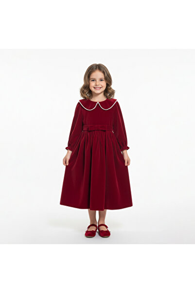 HAWRAA فستان بناتي مخمل خمري بياقة لؤلؤية وحزام خلفي