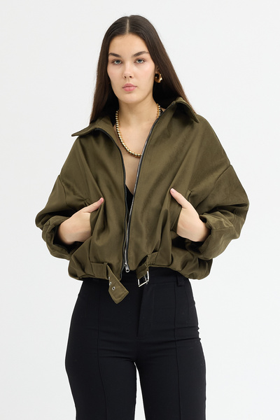 Jaglion Zr Belted Oversized Women's Bomber Khaki Suede Leather Jacket