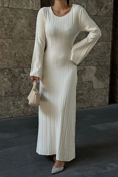 Auroveen Fit Kesim Nervürlü Bisiklet Yaka Uzun Triko Elbise AV3363