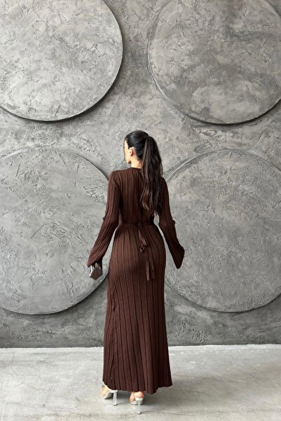 Auroveen Fit Kesim Nervürlü Bisiklet Yaka Uzun Triko Elbise AV3363