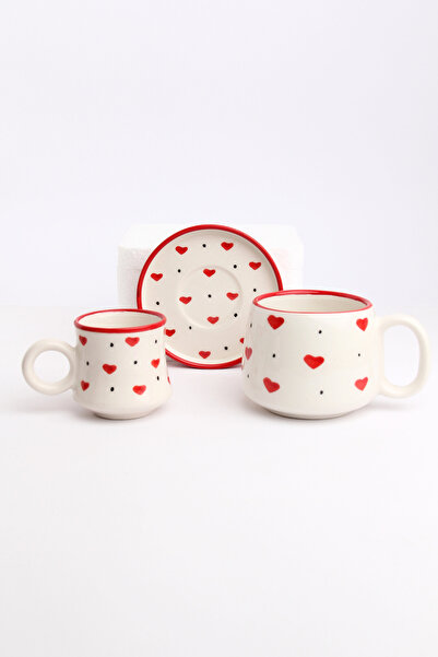 Gezdikçe Bilelim My Dear Self Series Red Heart Patterned, Handmade Ceramic and Mug Set, Mug, Hand Made