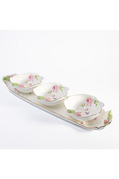 Malooki Porcelain Tray and 3 Bowls Set – 3D Floral Model