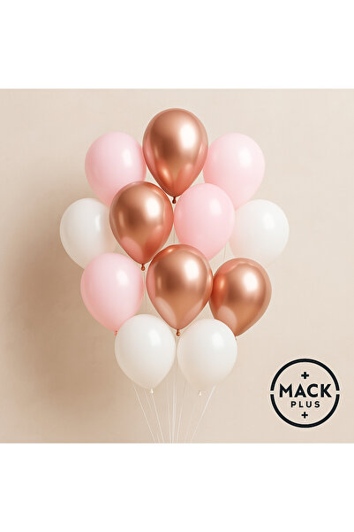 MACK PLUS Rose Gold Metalik, Macaron Pembe ve Metalik Beyaz (5’li) Balon Seti...