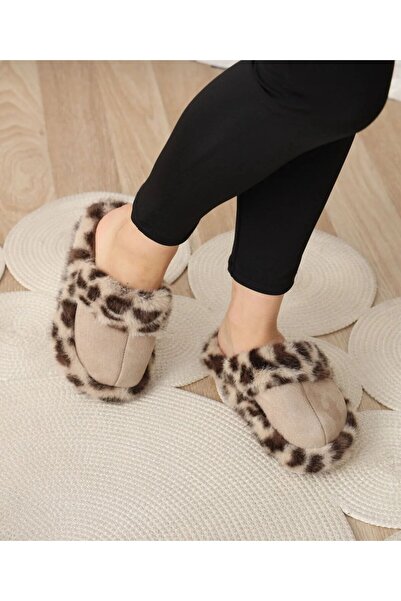 w white stars sports & wear Fl-11 Leopard Patterned Beige Winter Silent House Slippers