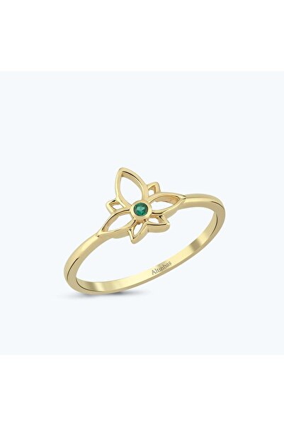 Altınbaş Yeşil Taşlı Altın Lotus Çiçeği Yüzük