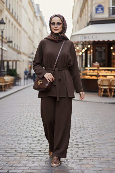 Aselim Hijap Moda Belted Modal Slit Flowy A-Line Hijab Two-Piece Set |   Acıkahve