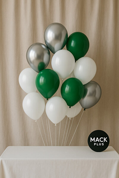 MACK PLUS Metalik Gümüş, Metalik Beyaz ve Pastel Yeşil (5’li) Balon Seti – He...