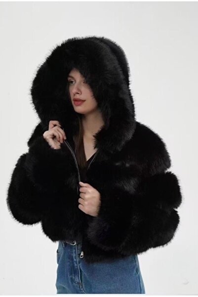 DENRA Black faux fur jacket with hood