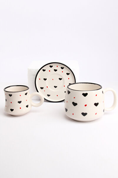 Gezdikçe Bilelim My Dear Self Series Black Heart Patterned, Handmade Ceramic and Mug Set, Mug, Hand Made