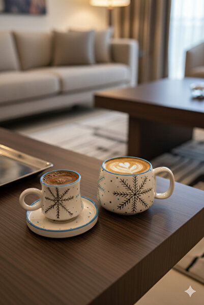 Gezdikçe Bilelim My Dear Self Series Snowflake Patterned, Handmade Ceramic and Mug Set, Mug, Hand Made