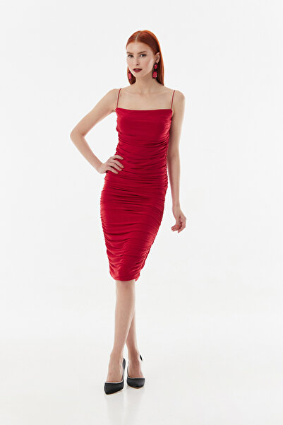 Lakshmi Red pleated spaghetti strap evening dress, size L