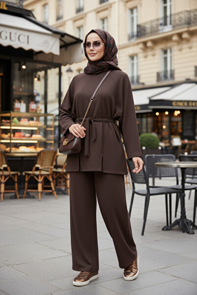 Aselim Hijap Moda Belted Modal Slit Flowy A-Line Hijab Two-Piece Set |   Acıkahve