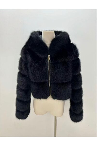 DENRA Black faux fur jacket with hood