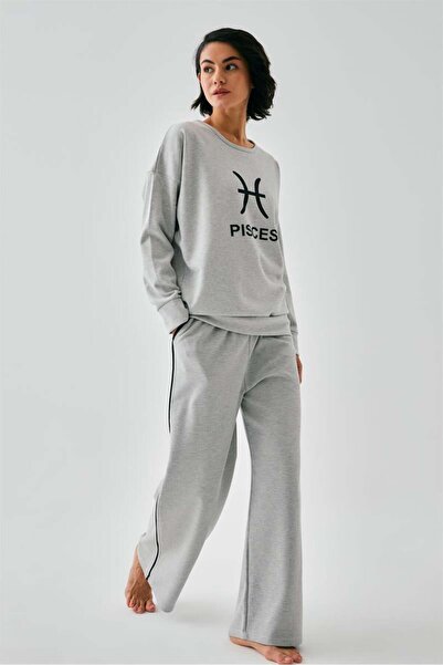 modaserdem Mdsrdm Women's Gray Pisces Oversized 2 Thread Tracksuit Home Wear Set