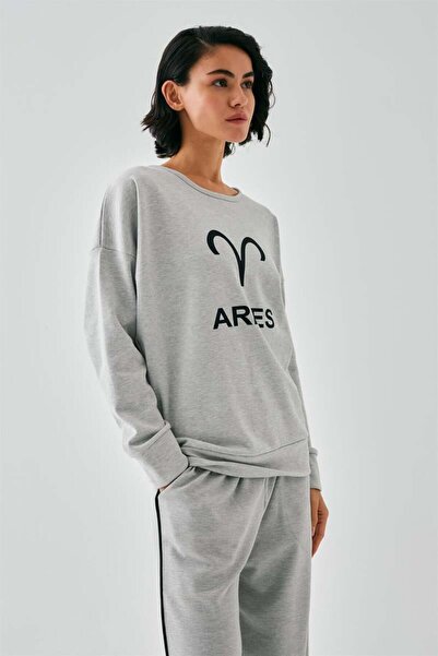 modaserdem Mdsrdm Women's Gray Aries Zodiac Sign Oversized 2 Thread Tracksuit Home Wear Set