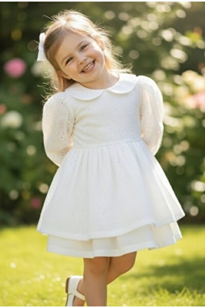 bright moon Girl's Polka Dot Dress with Balloon Sleeves and Collar Detail