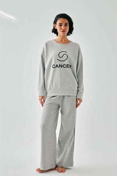 modaserdem Mdsrdm Women's Gray Cancer Zodiac Sign Oversized 2 Thread Tracksuit Home Wear Set