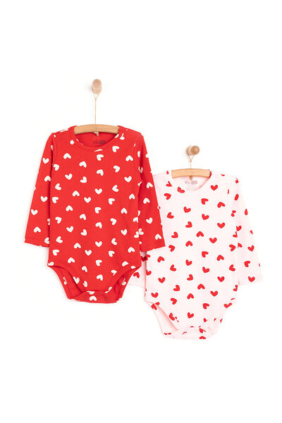 ebebek Hello Baby HelloBaby Kız Bebek 2li Body Kalp Desenli Uzun Kol Kırmızı