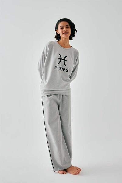 modaserdem Mdsrdm Women's Gray Pisces Oversized 2 Thread Tracksuit Home Wear Set