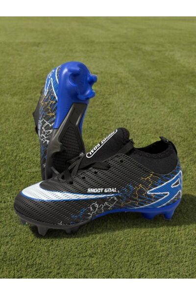 sinmm Boys' Football Cleats with Socks, Turf Field Soccer Sports Shoes (Black-Blue Color)--Filet-Garson
