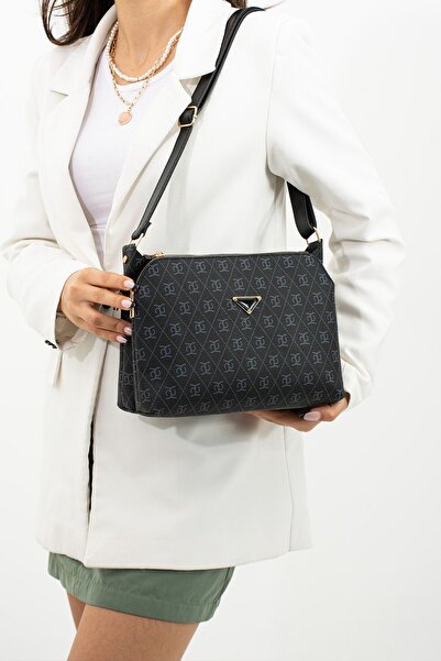 mugalas Black Patterned Three-Compartment Adjustable Long Strap Women's Shoulder Bag