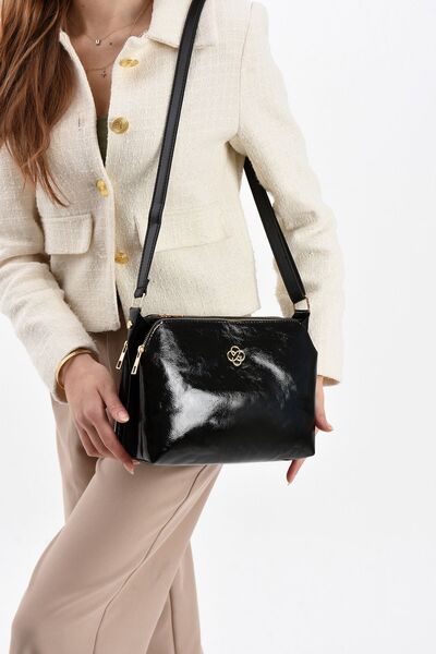 mugalas Black Wrinkled Patent Leather Three-Compartment Adjustable Long Strap Women's Shoulder Bag