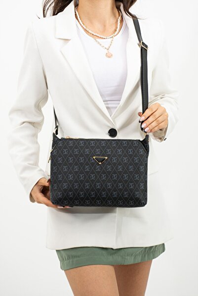 mugalas Black Patterned Three-Compartment Adjustable Long Strap Women's Shoulder Bag