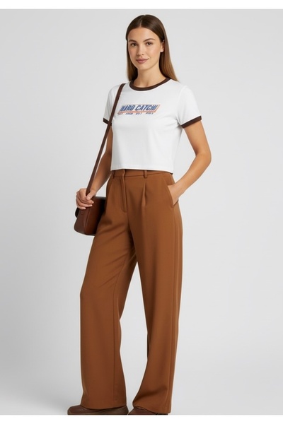 AS Anita Store Hard Catch Retro Script Ringer Crop Top T-Shirt - Brown Piped Bodycon Fit Mold