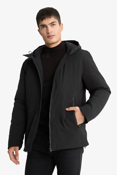 DeFacto Water Repellent Regular Fit K Hooded Zippered Pocket Black Men's Coat A2620Ax/Bk27