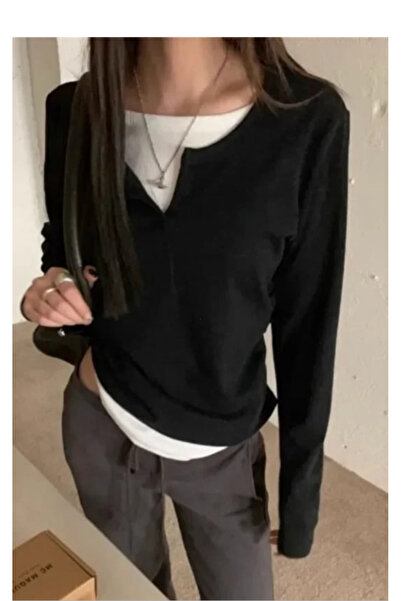 Köstebek V-Neck White Spliced Long Sleeve Blouse