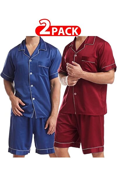 Margoun Mens Satin Pajamas Set Button Down Short Sleeve Silk Sleepwear Loose Pocket-2pack-MG02