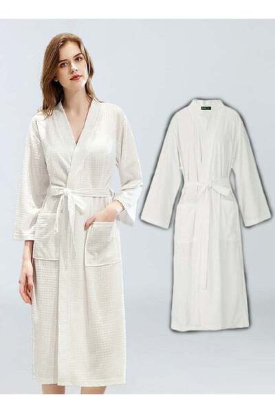 COOYA Women's Turkish Linen Waffle Kimono Robe - Ultra Soft & Quick Dry for Spa, (White) Sizes XXXL