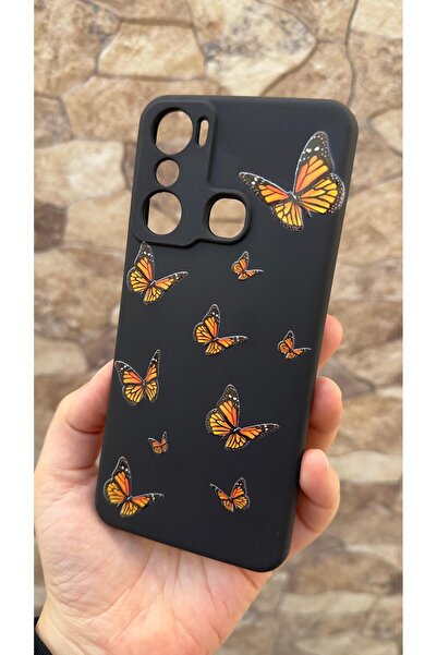 Vip Case Infinix Hot 20I Compatible Orange Butterfly Patterned Silicone Shock-Absorbing Rubber Case 277