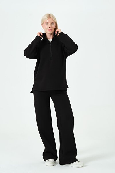 BUSA Maternity Adjustable Waist Wide Leg Zippered Thermal Tracksuit Set Black