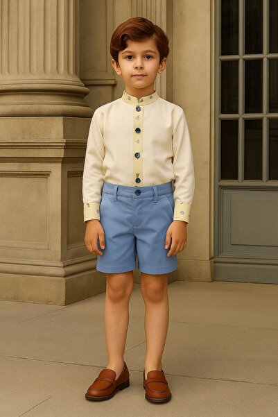 La reina petite Stylish boys' set – Linen shirt with details and sky blue shorts