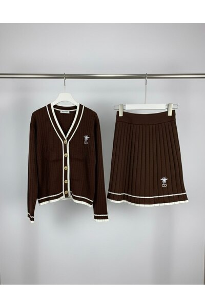 YusGos Women's Striped Knitwear Cardigan Pleated Mini Skirt College Bottom Top Set