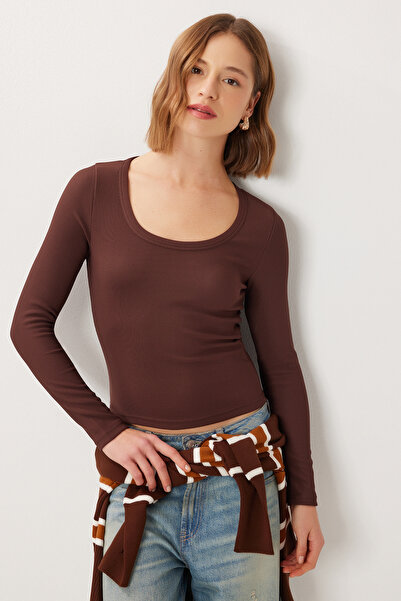 Lovelyİstanbul U Neck Basic Corded Fabric Knitted Blouse Lby0018 Brown
