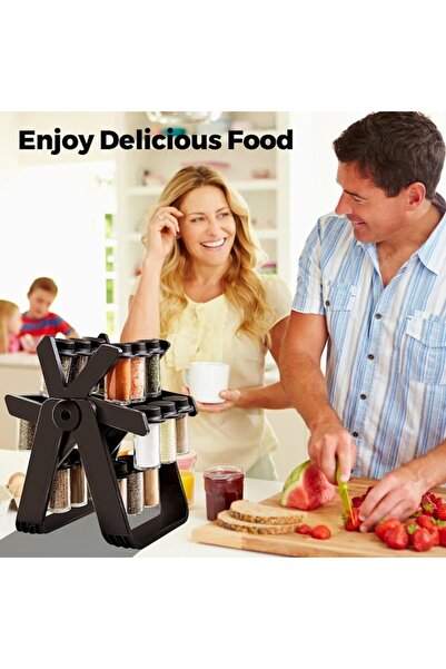 ASHOP NEW: Spice organizer with 18 jars and rotating stand, matte black, glass + plastic, 34.5x26x22.5 cm