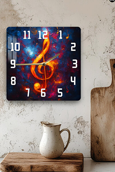 kutuTR 3D Look Tempered Glass Square Clock – Music Note Themed Uv Printing 33X33 cm - Kcs133